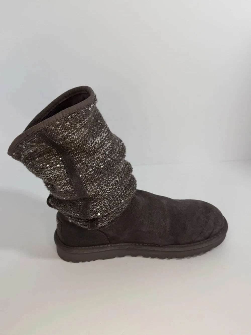 UGG Australia Camaya Charcoal Gray Suede Knit Sequin Tall Boots Women's Size 8